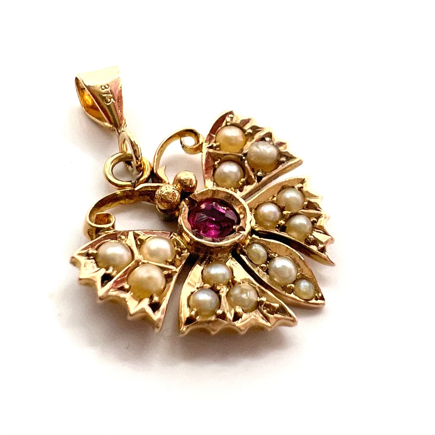 Victorian 9ct Gold Ruby and Seed Pearl Butterfly Pendant
