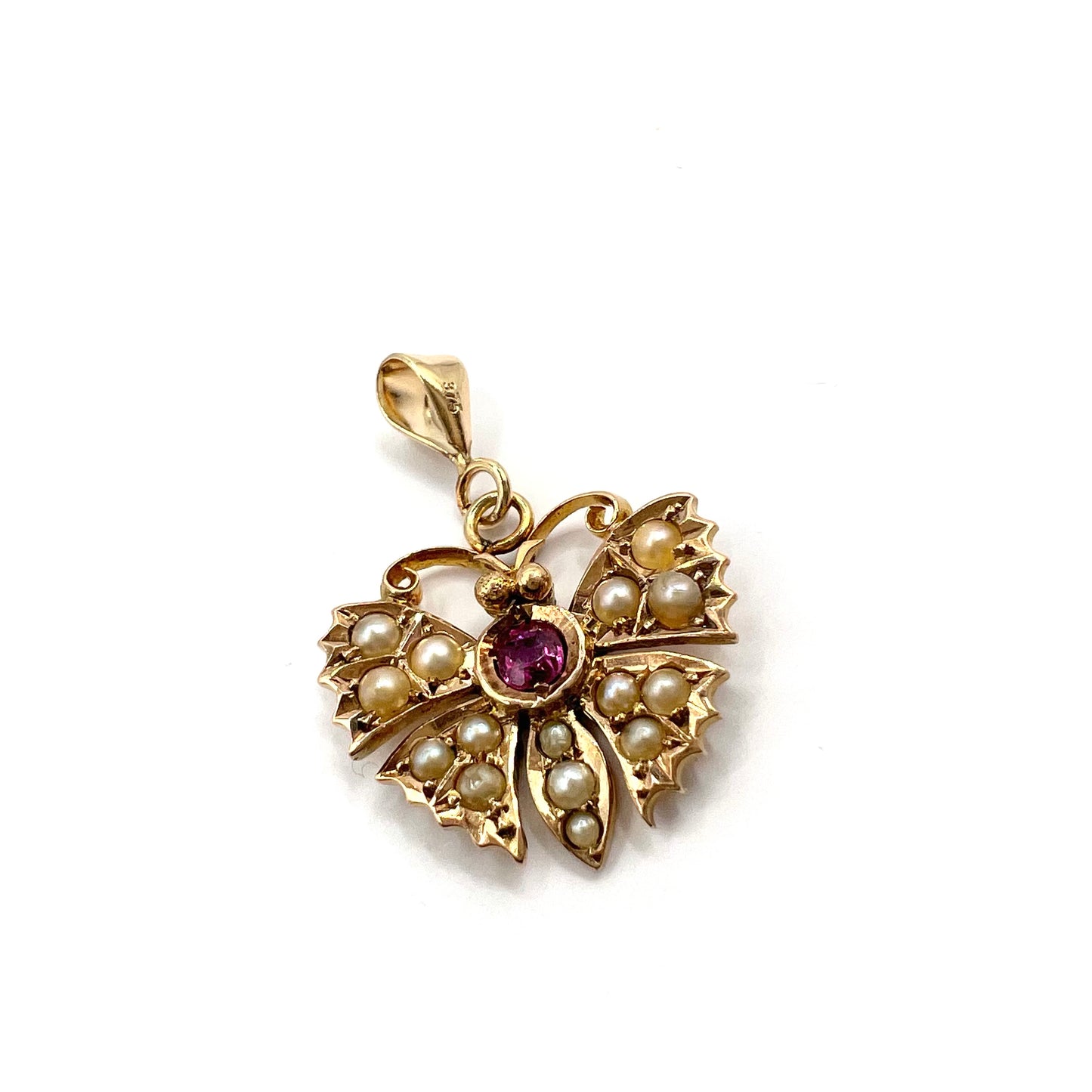 Victorian 9ct Gold Ruby and Seed Pearl Butterfly Pendant