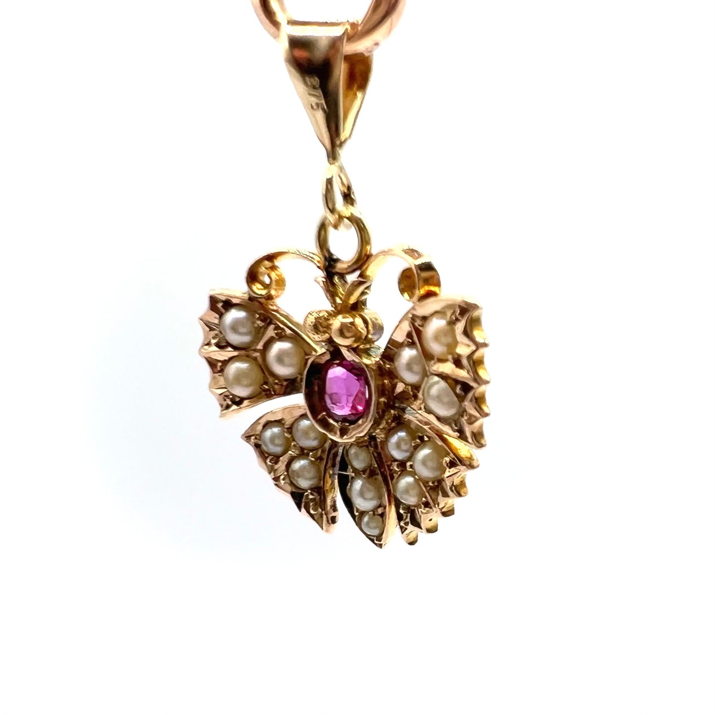 Victorian 9ct Gold Ruby and Seed Pearl Butterfly Pendant