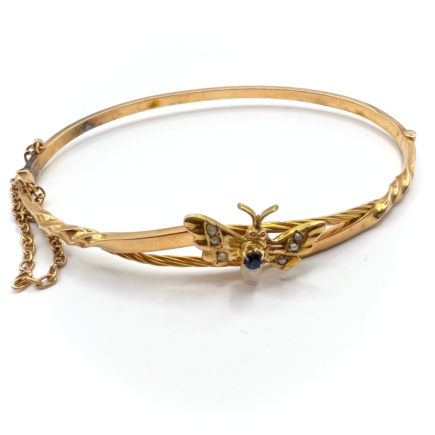 Victorian 9ct Gold, Sapphire and Seed Pearl Butterfly Bangle