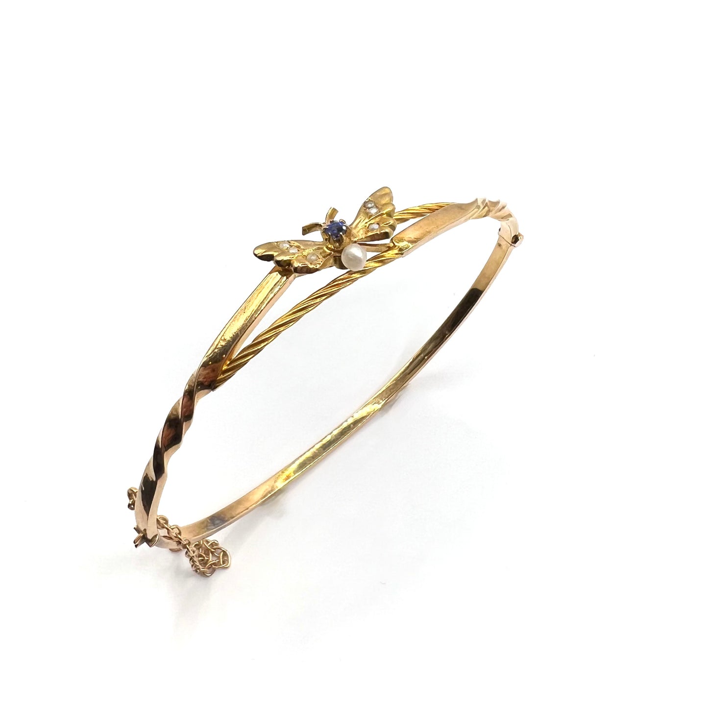 Victorian 9ct Gold, Sapphire and Seed Pearl Butterfly Bangle