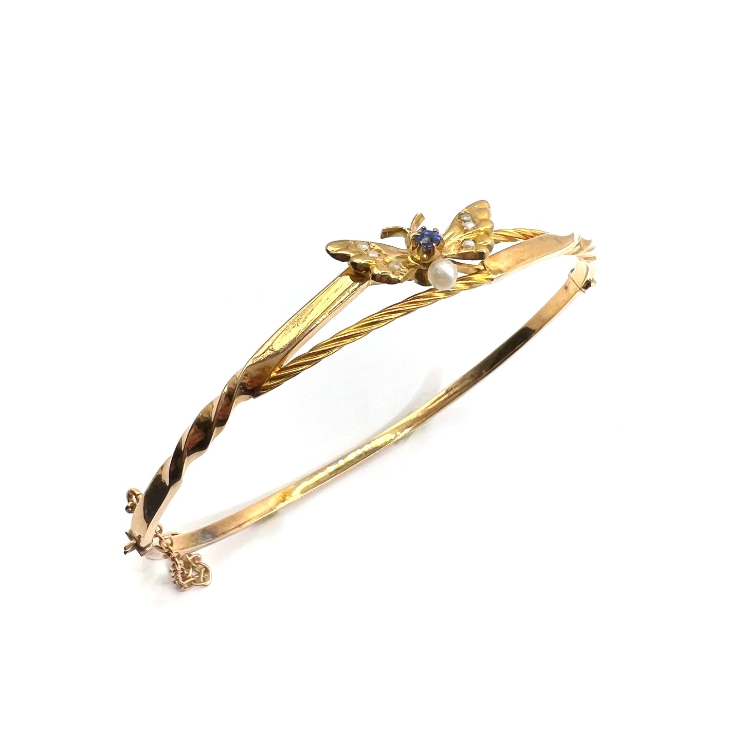 Victorian 9ct Gold, Sapphire and Seed Pearl Butterfly Bangle
