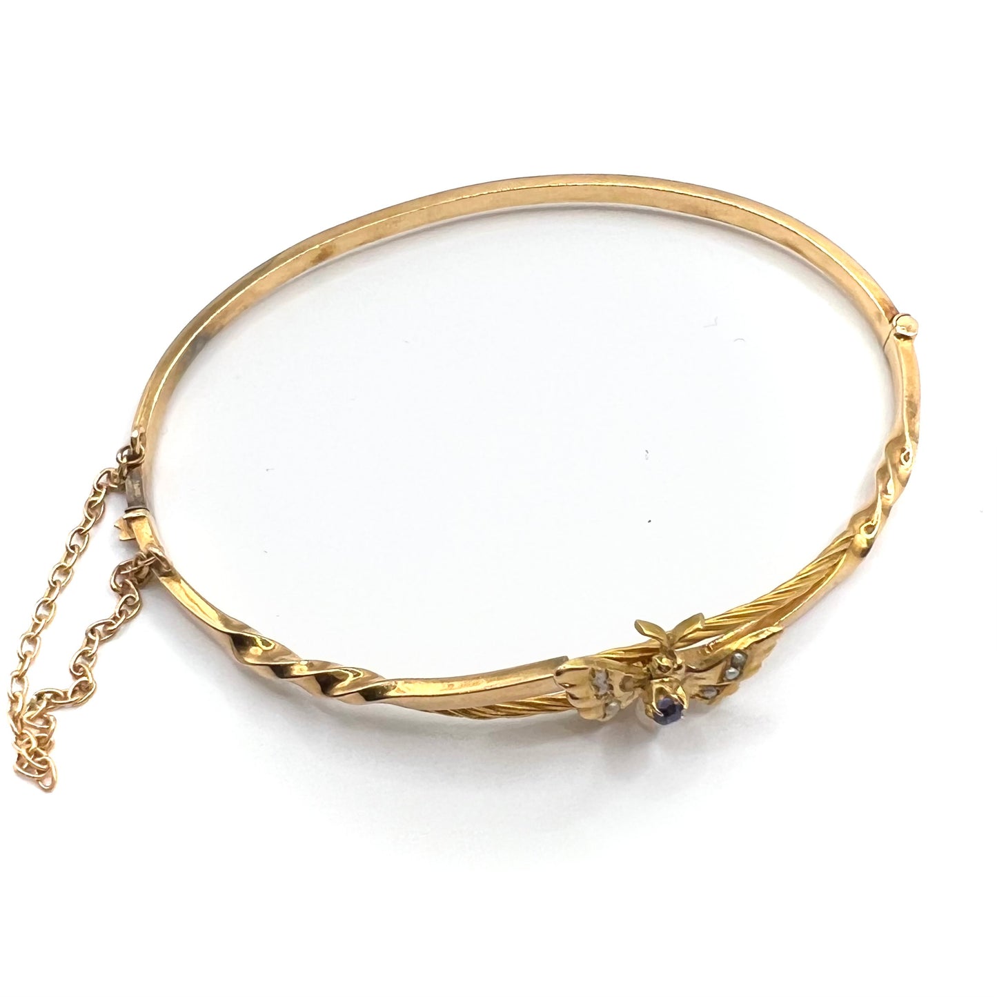 Victorian 9ct Gold, Sapphire and Seed Pearl Butterfly Bangle