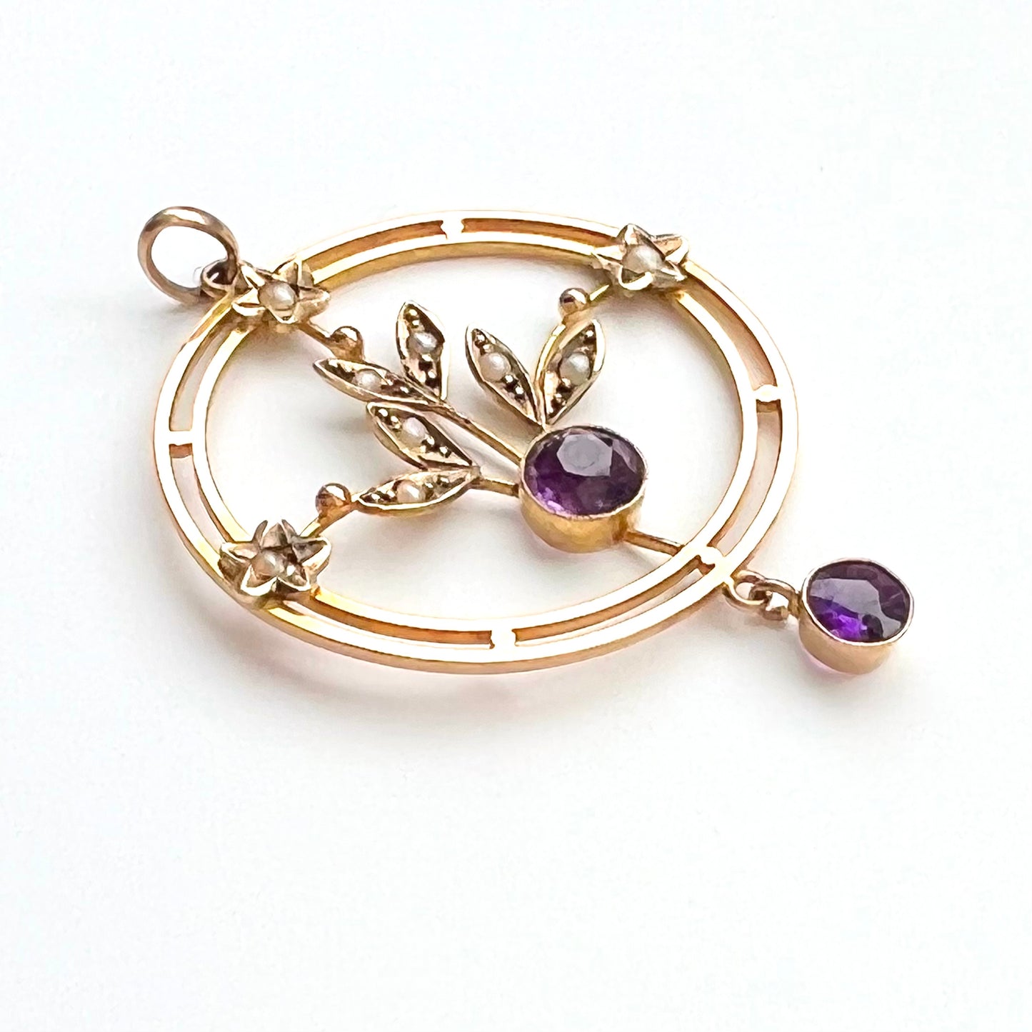 9ct Victorian Art Nouveau Rosey Gold Amethyst and Seed Pearl Pendant