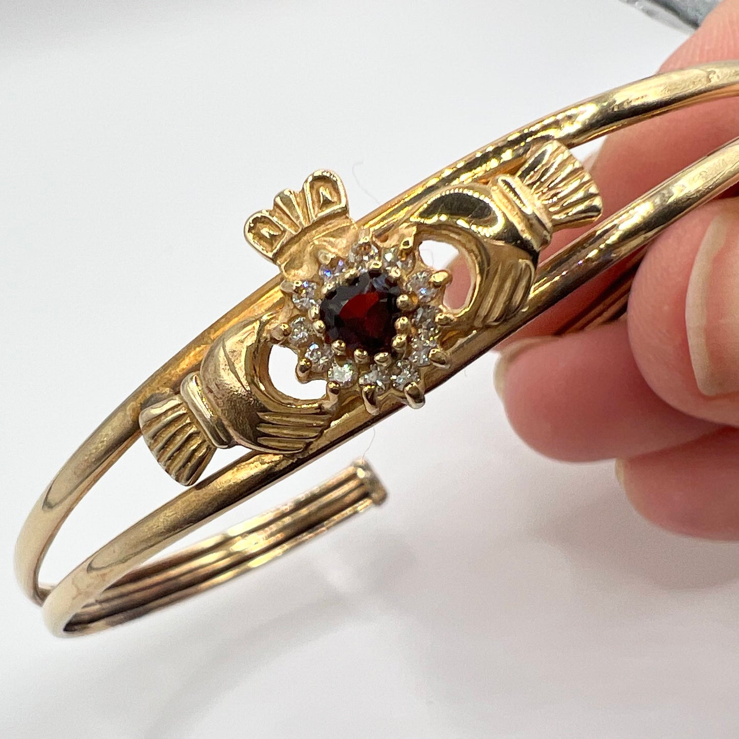 Antique 9ct Gold Claddagh Cuff Bracelet with Diamonds and Garnet Heart