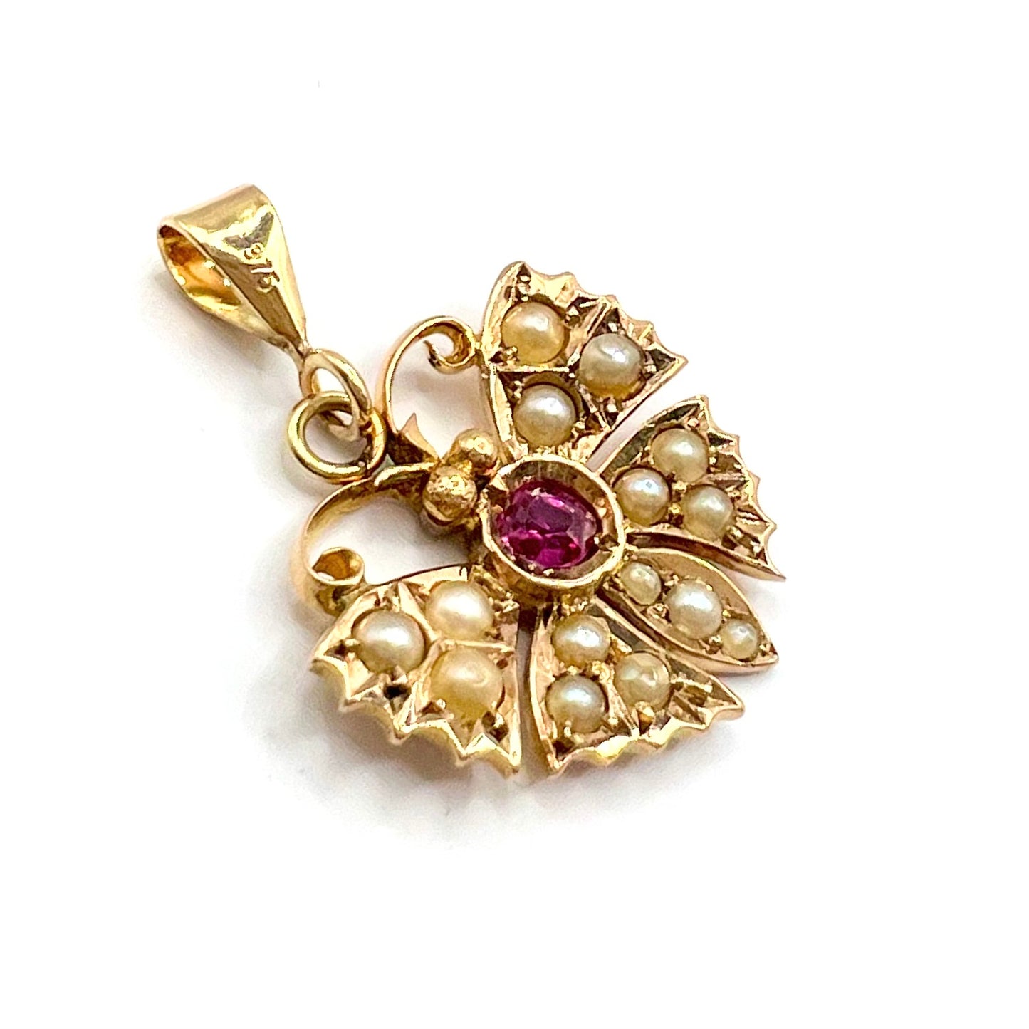 Victorian 9ct Gold Ruby and Seed Pearl Butterfly Pendant