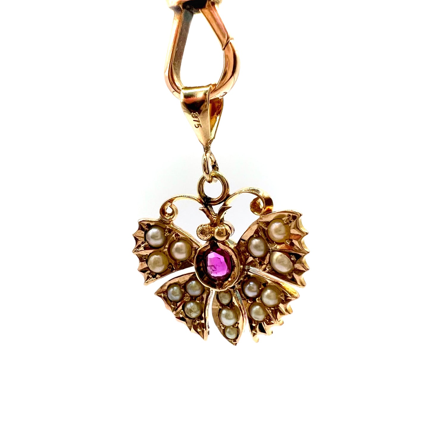 Victorian 9ct Gold Ruby and Seed Pearl Butterfly Pendant