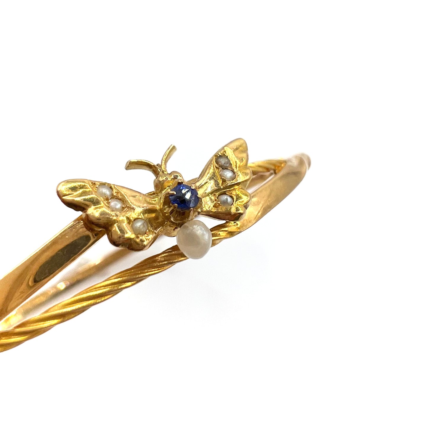 Victorian 9ct Gold, Sapphire and Seed Pearl Butterfly Bangle