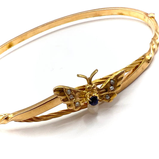 Victorian 9ct Gold, Sapphire and Seed Pearl Butterfly Bangle