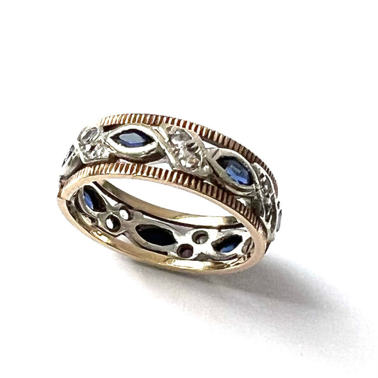 9ct Yellow and White Gold, Sapphire and Diamond Band; Size N