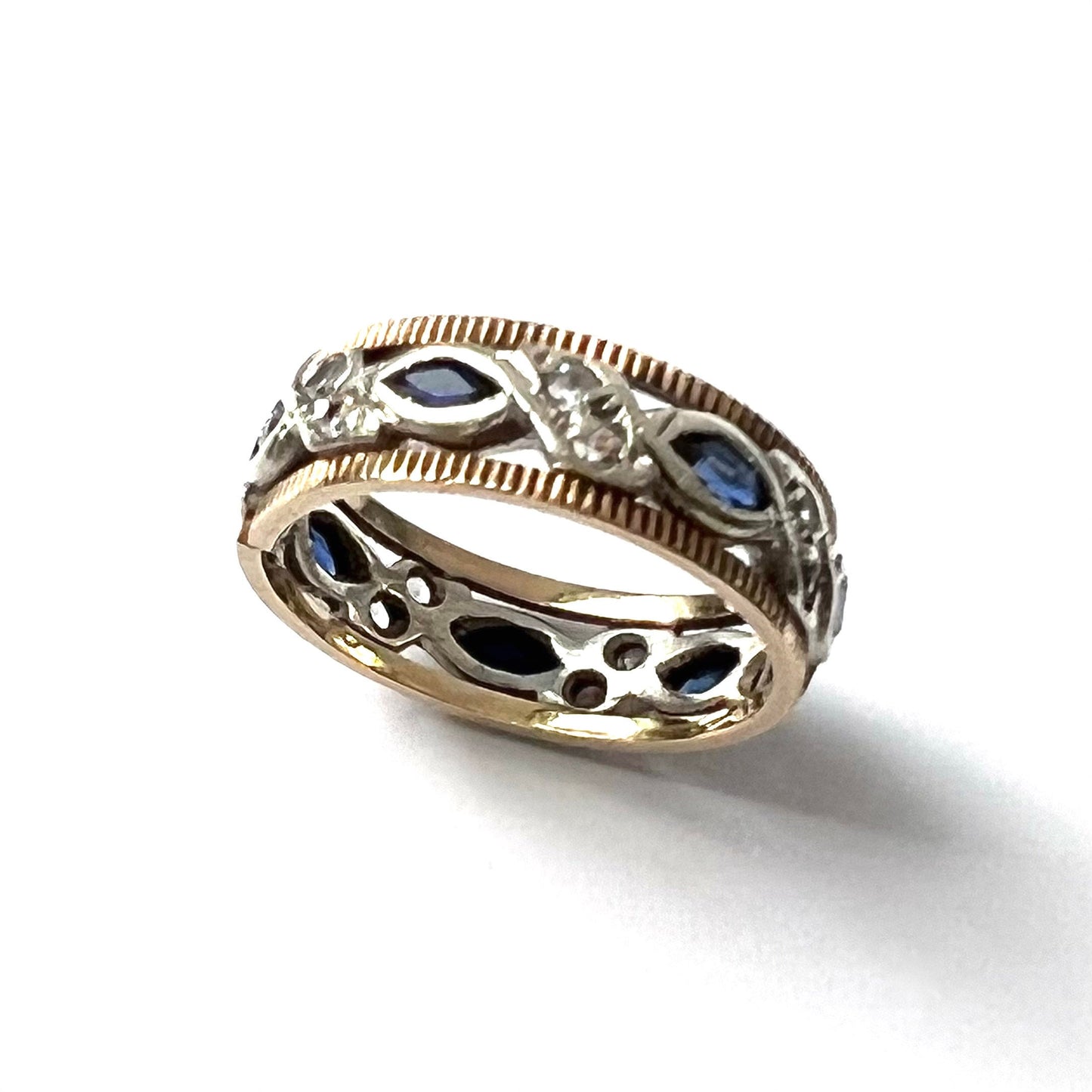 9ct Yellow and White Gold, Sapphire and Diamond Band; Size N