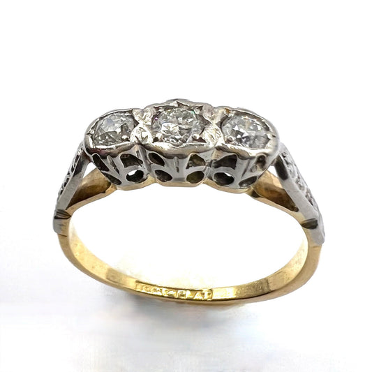 Victorian 18ct Gold Diamond Ring: Three Stone Engagement Ring, Size J