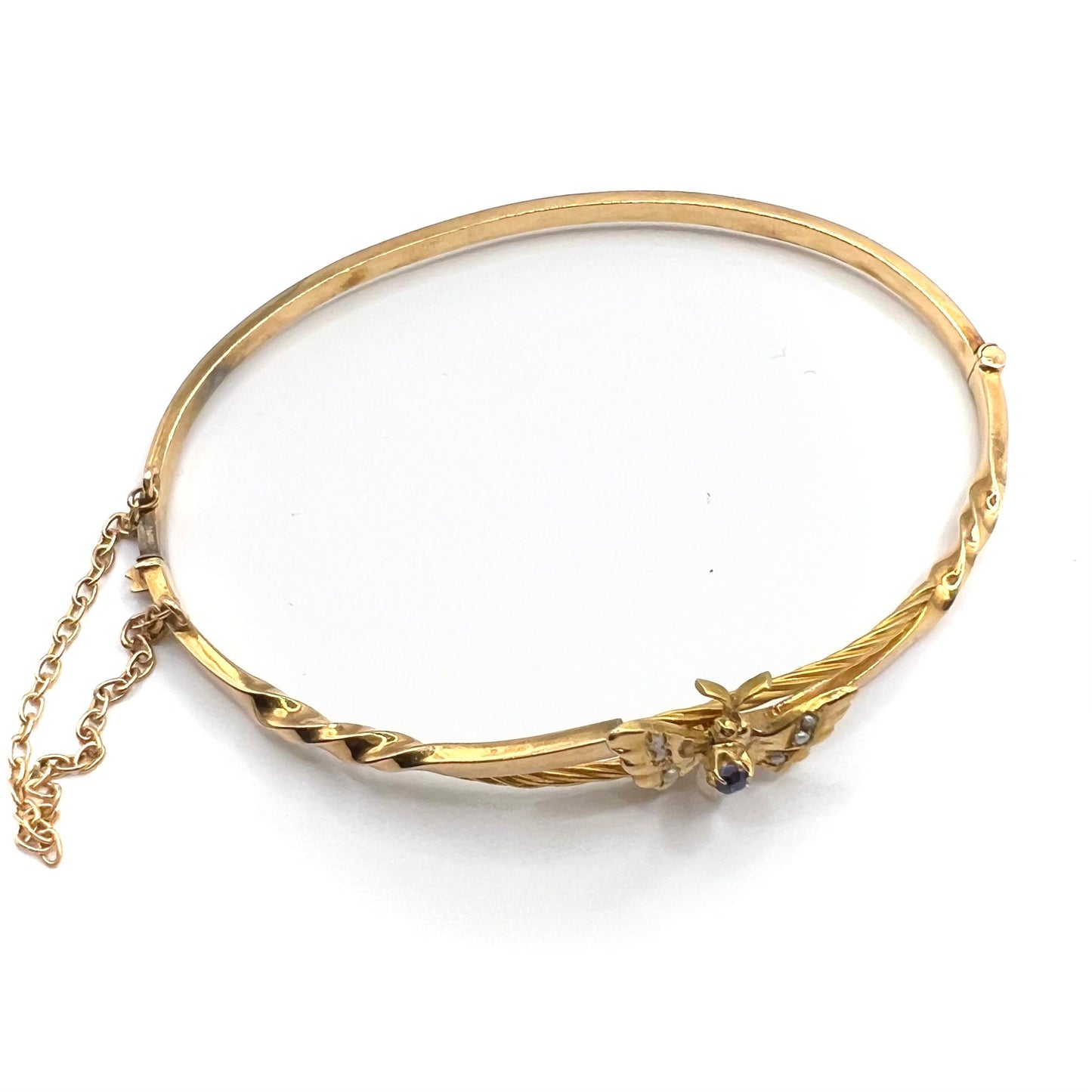 Victorian 9ct Gold, Sapphire and Seed Pearl Butterfly Bangle