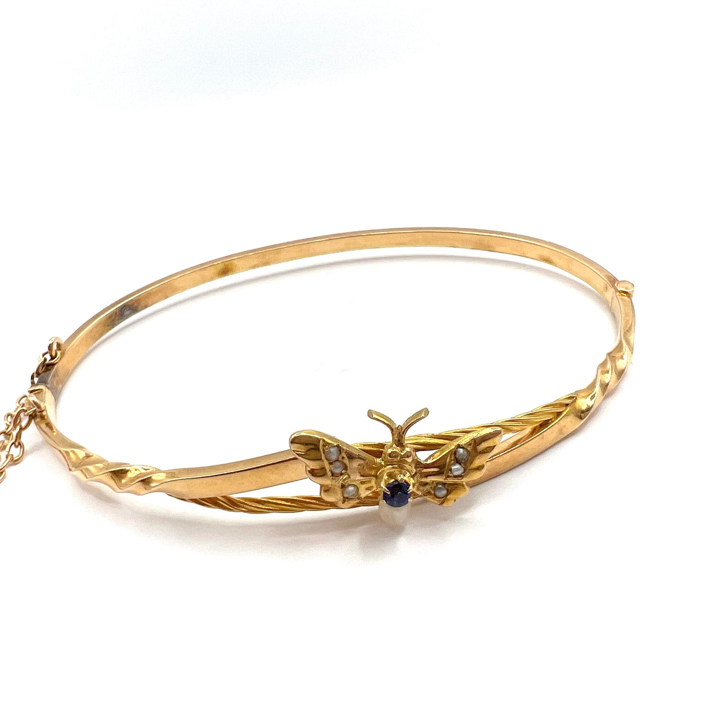 Victorian 9ct Gold, Sapphire and Seed Pearl Butterfly Bangle