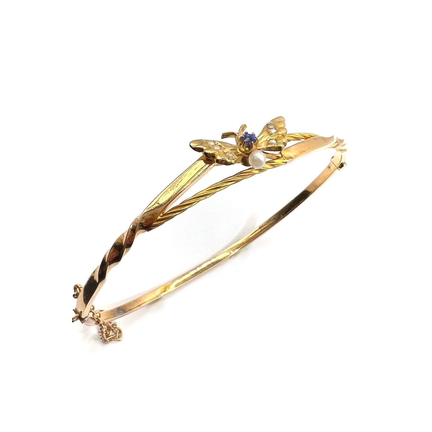 Victorian 9ct Gold, Sapphire and Seed Pearl Butterfly Bangle