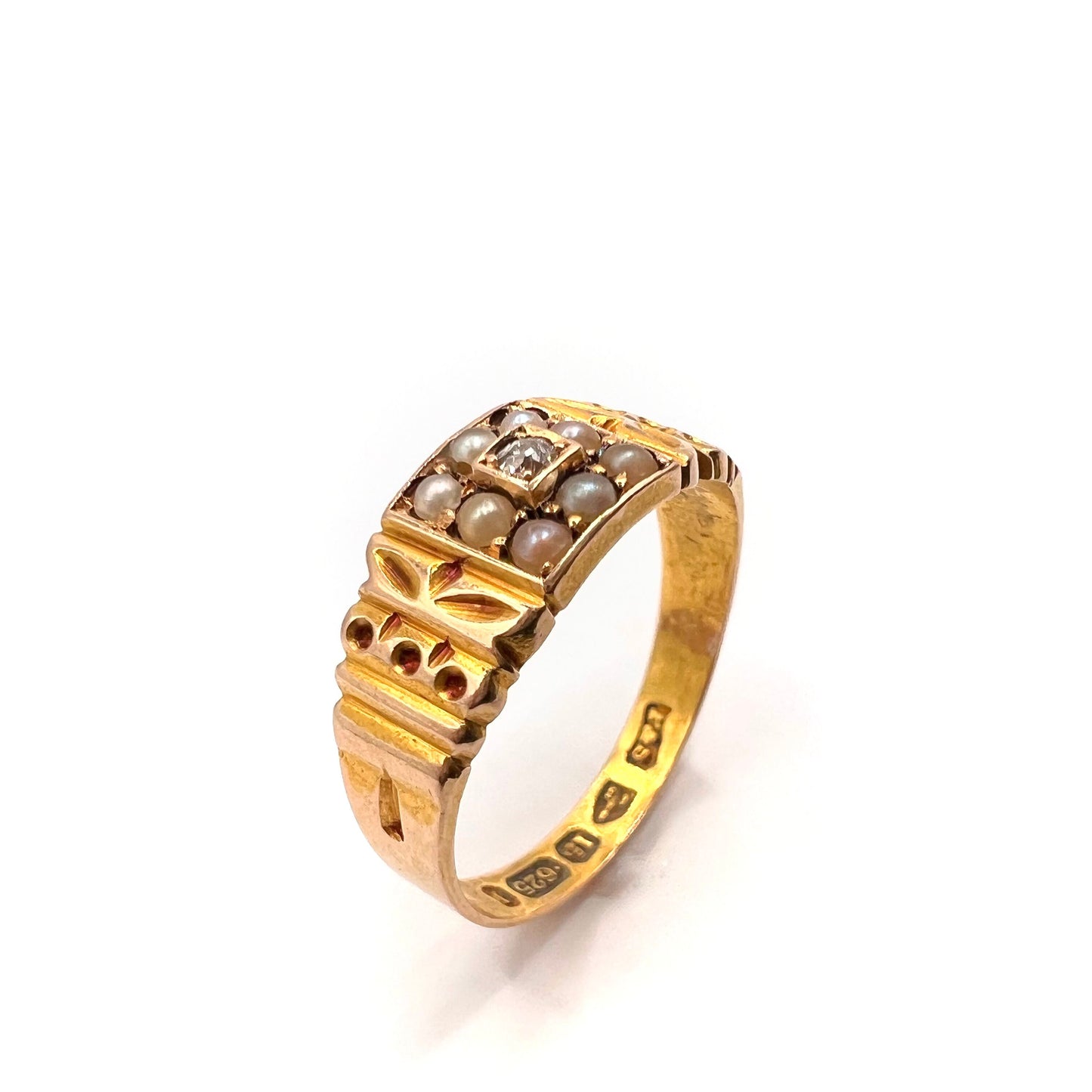 Victorian 15ct Gold Old Cut Diamond and Split Pearl Band Ring, Size M