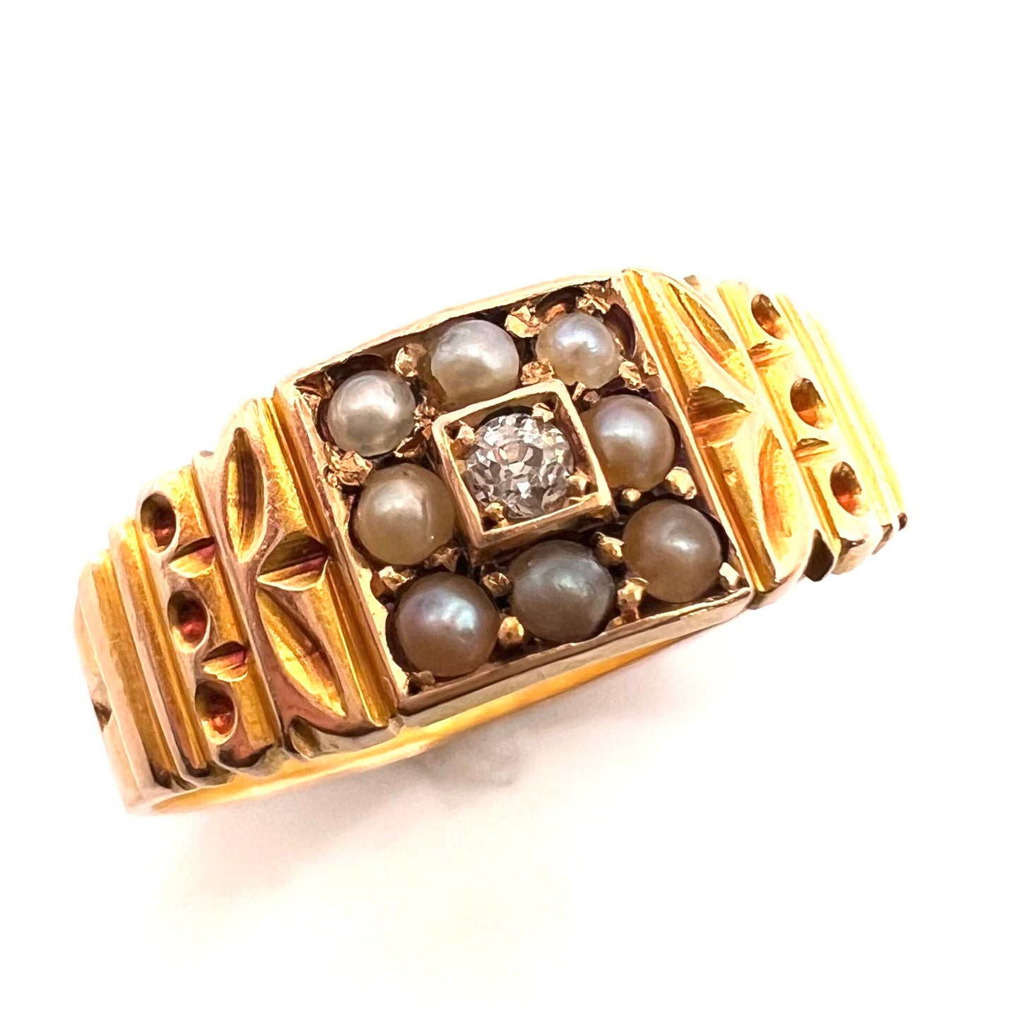 Victorian 15ct Gold Old Cut Diamond and Split Pearl Band Ring, Size M