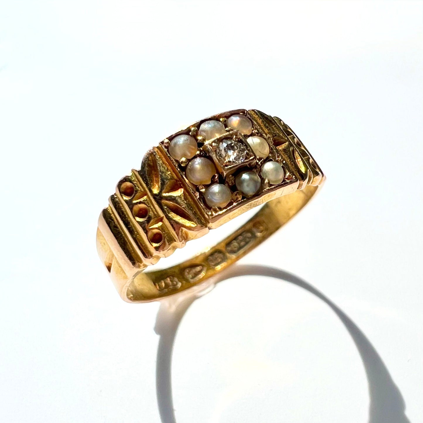 Victorian 15ct Gold Old Cut Diamond and Split Pearl Band Ring, Size M
