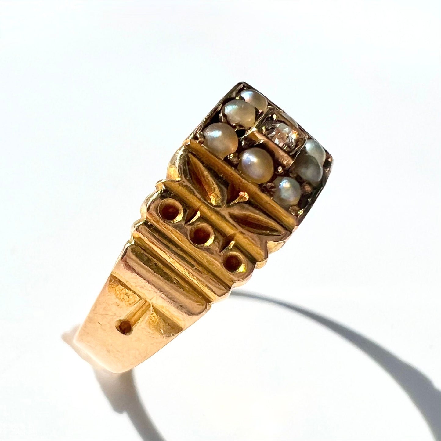 Victorian 15ct Gold Old Cut Diamond and Split Pearl Band Ring, Size M