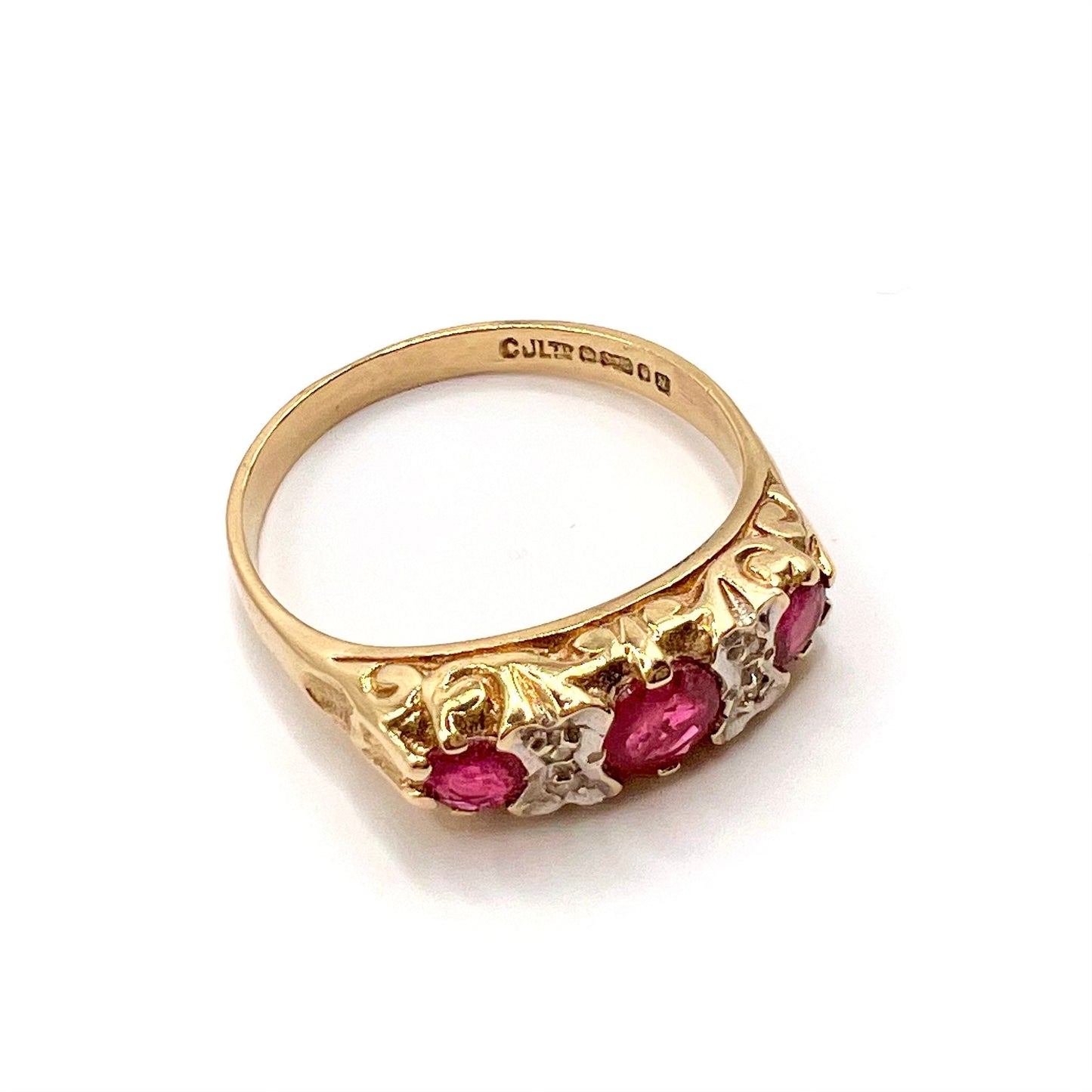 Antique 9ct Gold Ruby and Diamond Ring with Scroll Mount, Size L