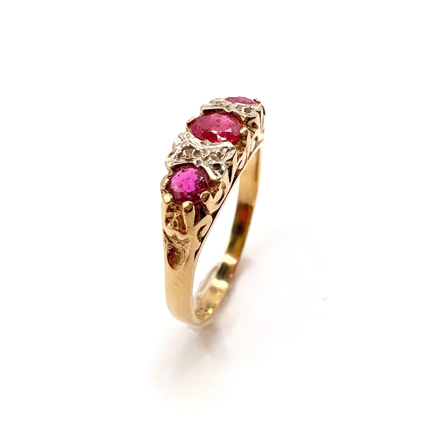 Antique 9ct Gold Ruby and Diamond Ring with Scroll Mount, Size L