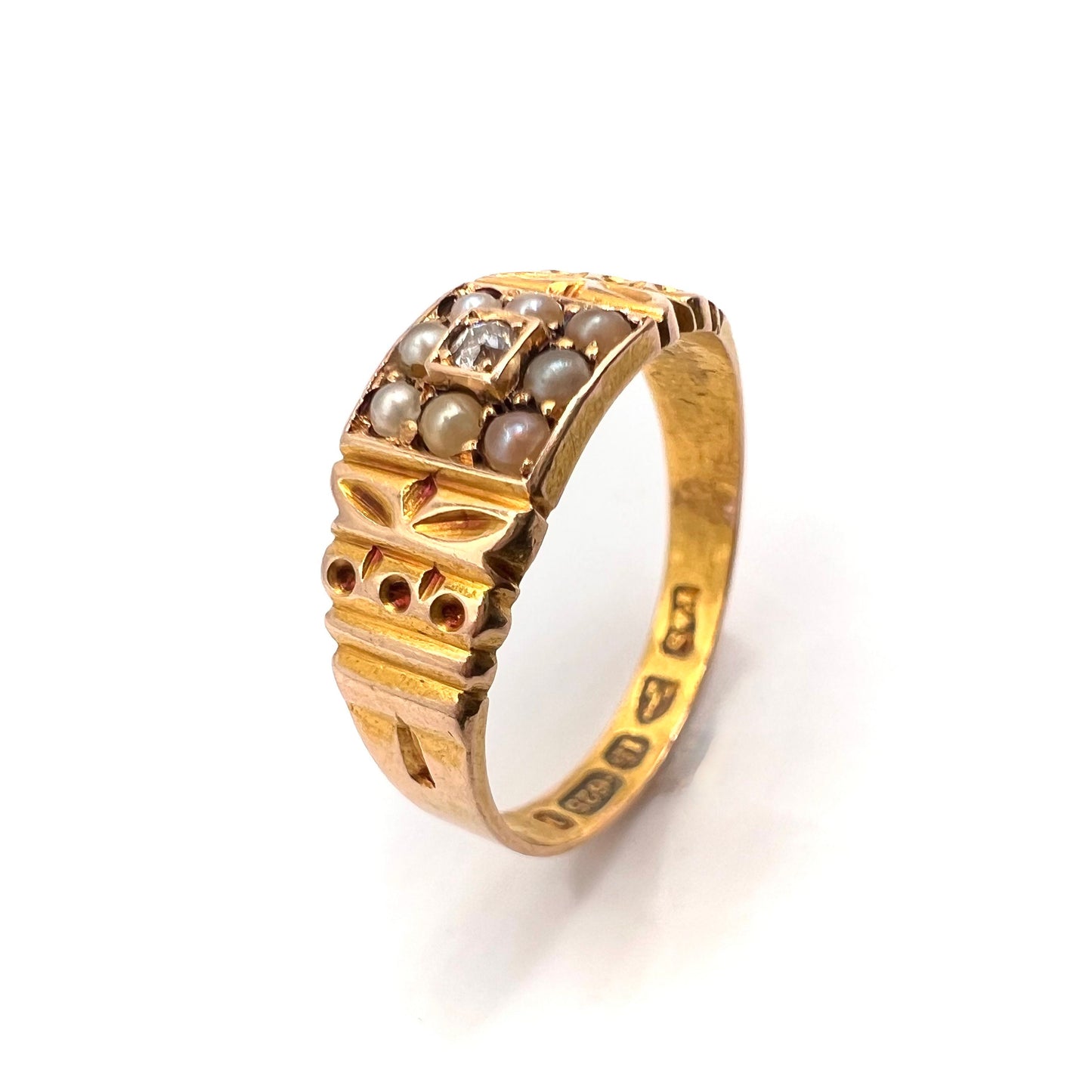 Victorian 15ct Gold Old Cut Diamond and Split Pearl Band Ring, Size M