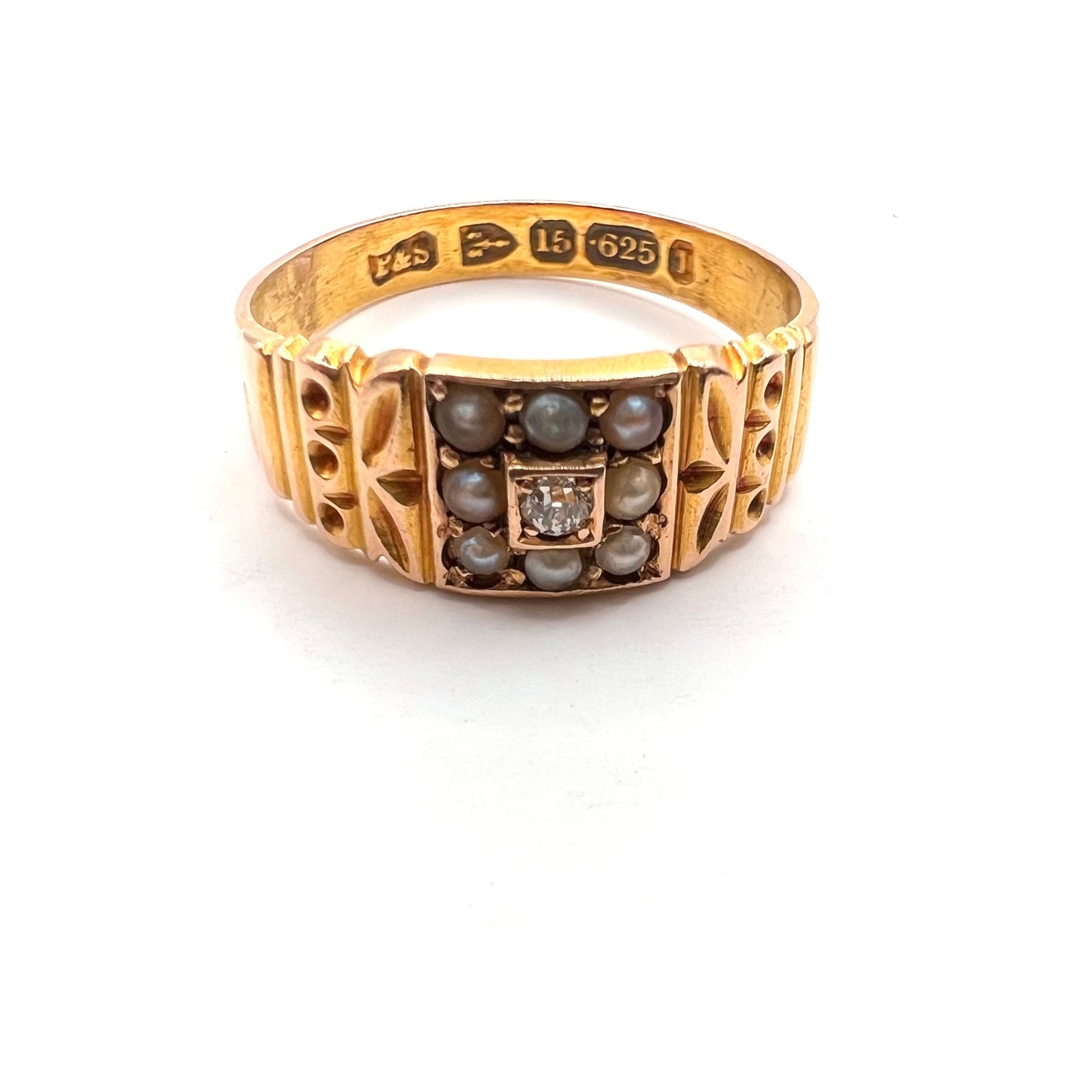 Victorian 15ct Gold Old Cut Diamond and Split Pearl Band Ring, Size M