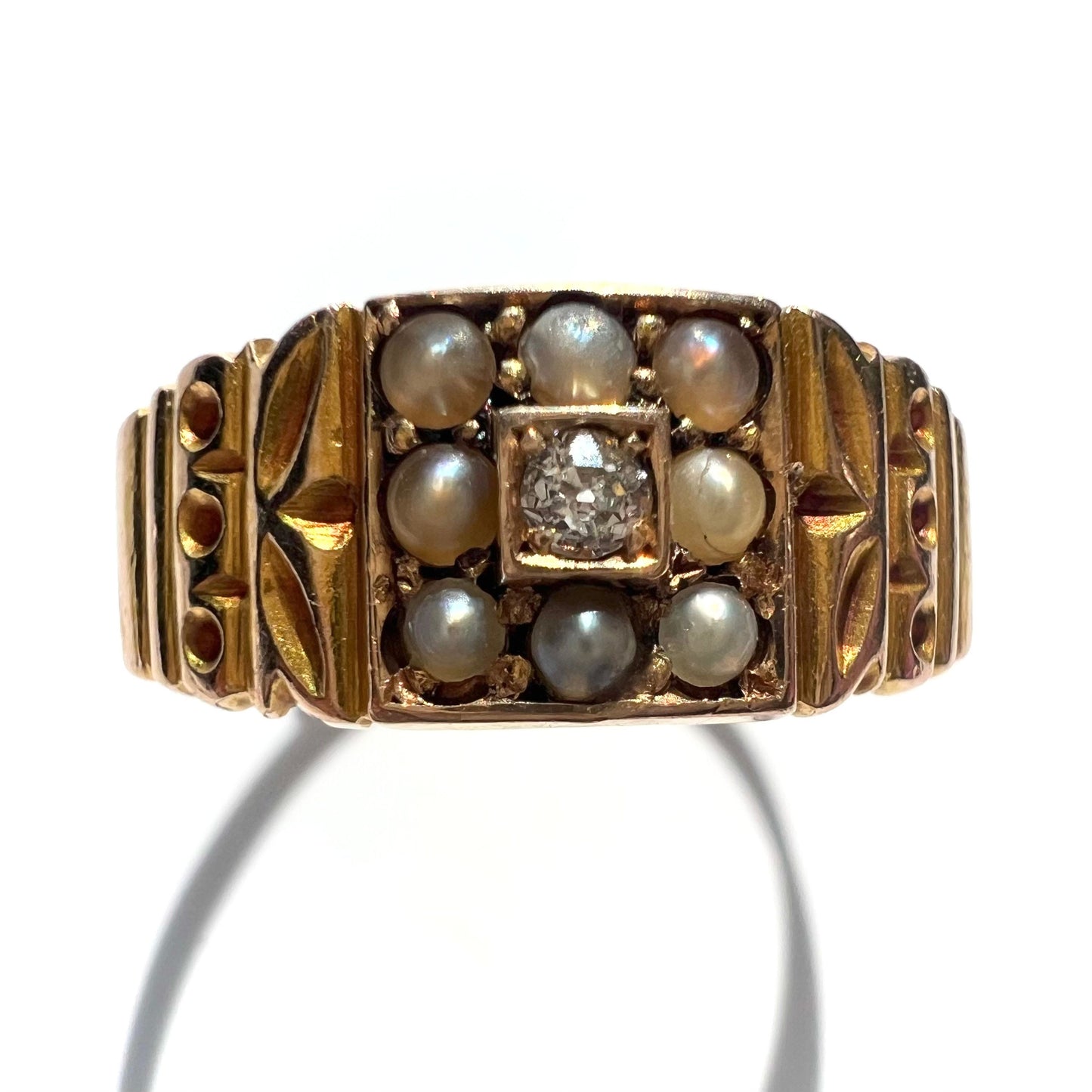 Victorian 15ct Gold Old Cut Diamond and Split Pearl Band Ring, Size M