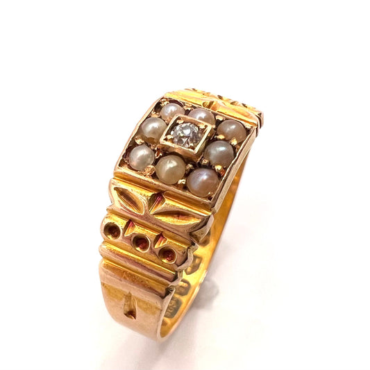 Victorian 15ct Gold Old Cut Diamond and Split Pearl Band Ring, Size M