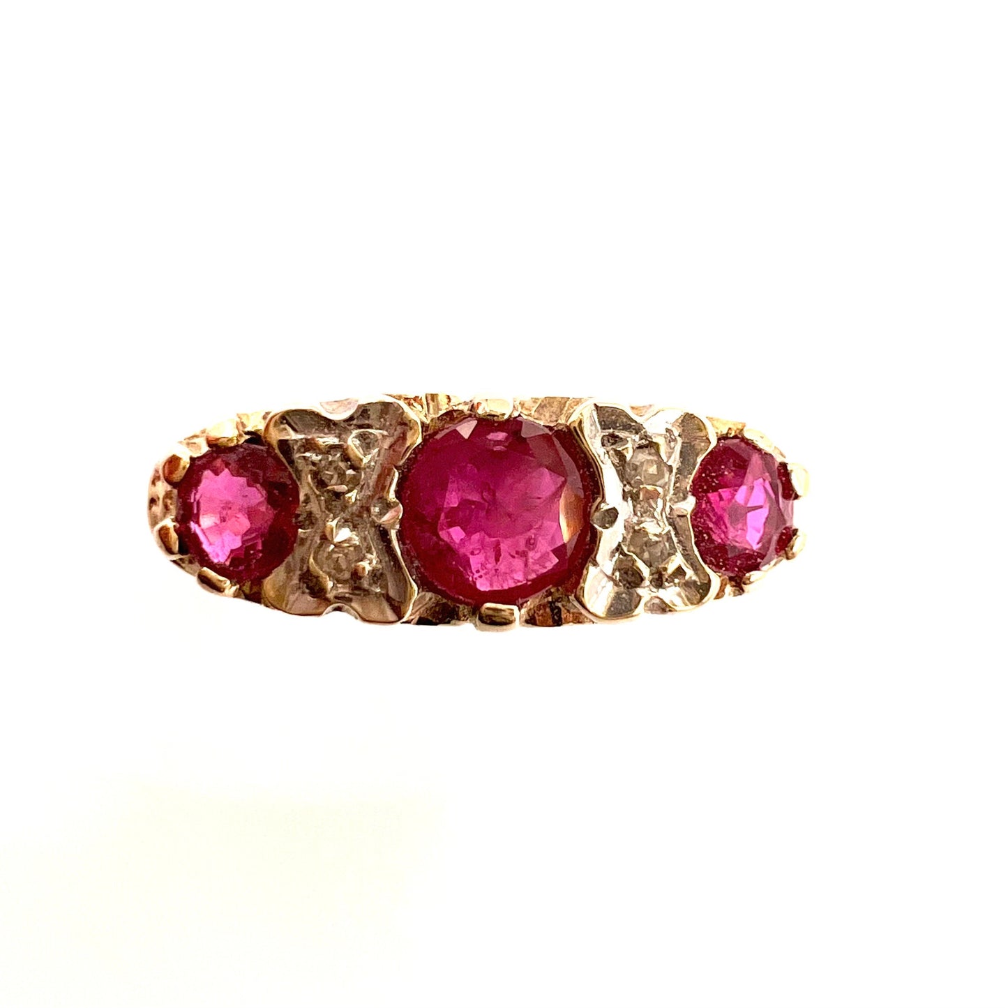 Antique 9ct Gold Ruby and Diamond Ring with Scroll Mount, Size L