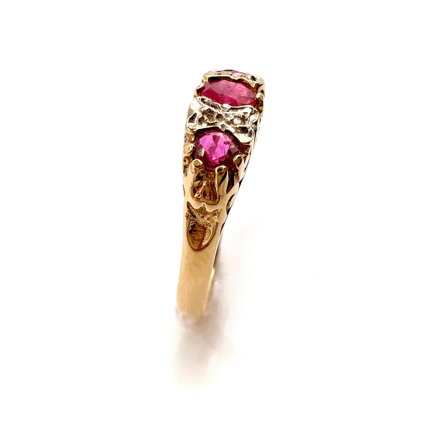 Antique 9ct Gold Ruby and Diamond Ring with Scroll Mount, Size L