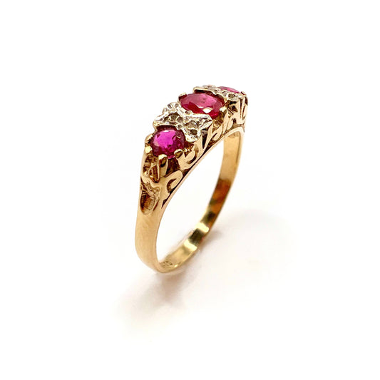 Antique 9ct Gold Ruby and Diamond Ring with Scroll Mount, Size L