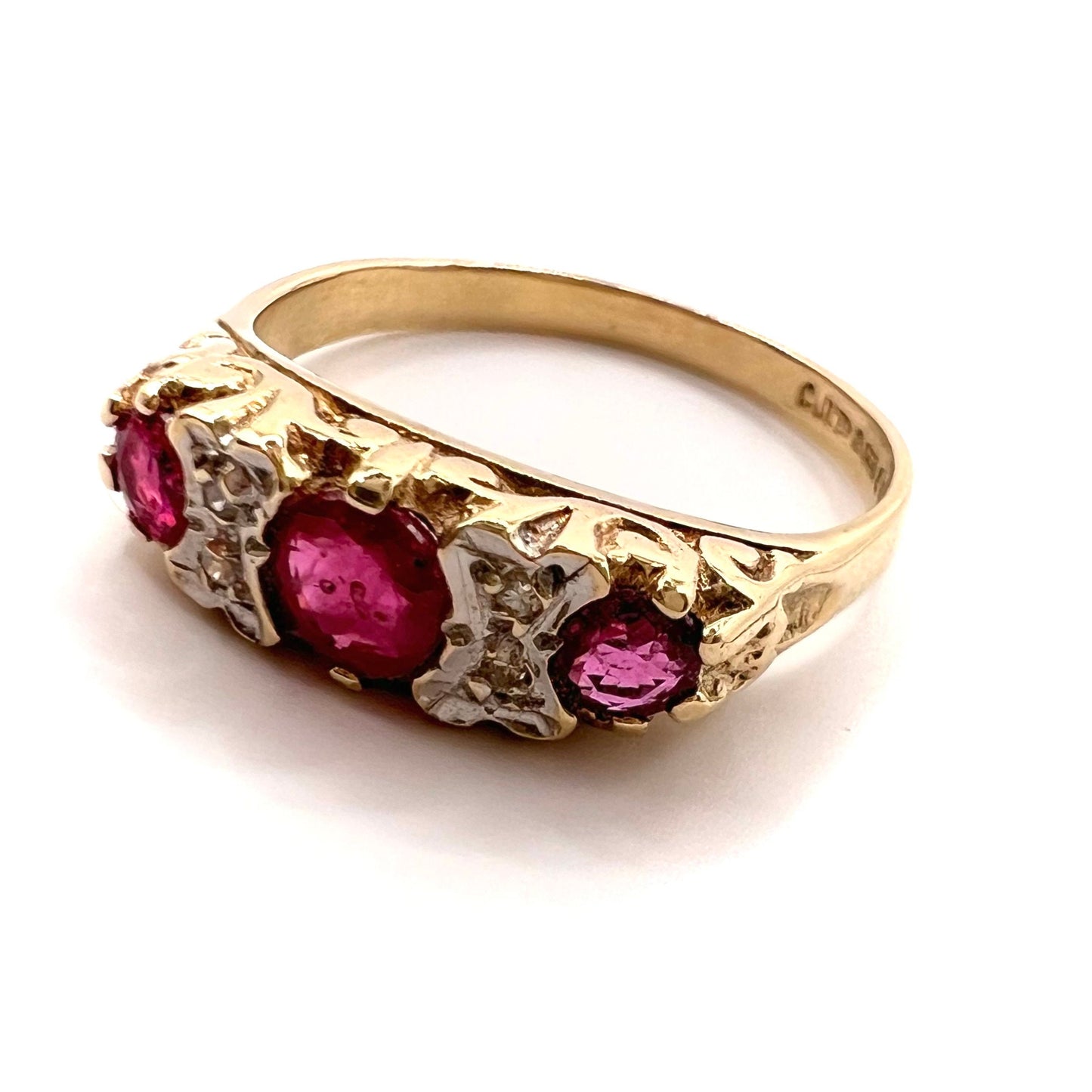 Antique 9ct Gold Ruby and Diamond Ring with Scroll Mount, Size L