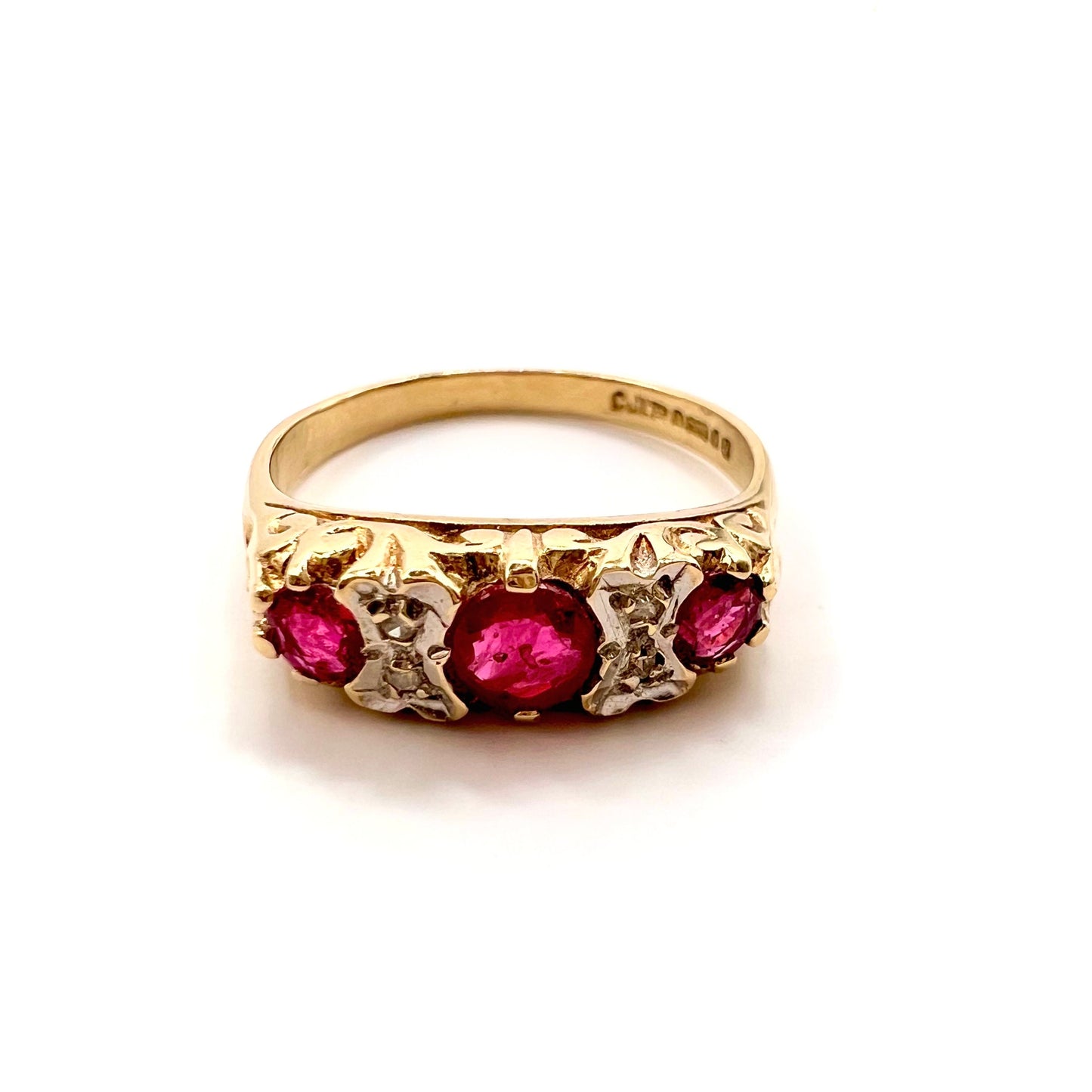 Antique 9ct Gold Ruby and Diamond Ring with Scroll Mount, Size L