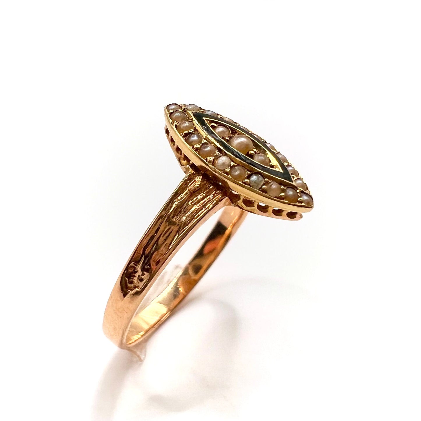Victorian 15ct Gold Enamel and Split Pearl Mourning Ring, Size N
