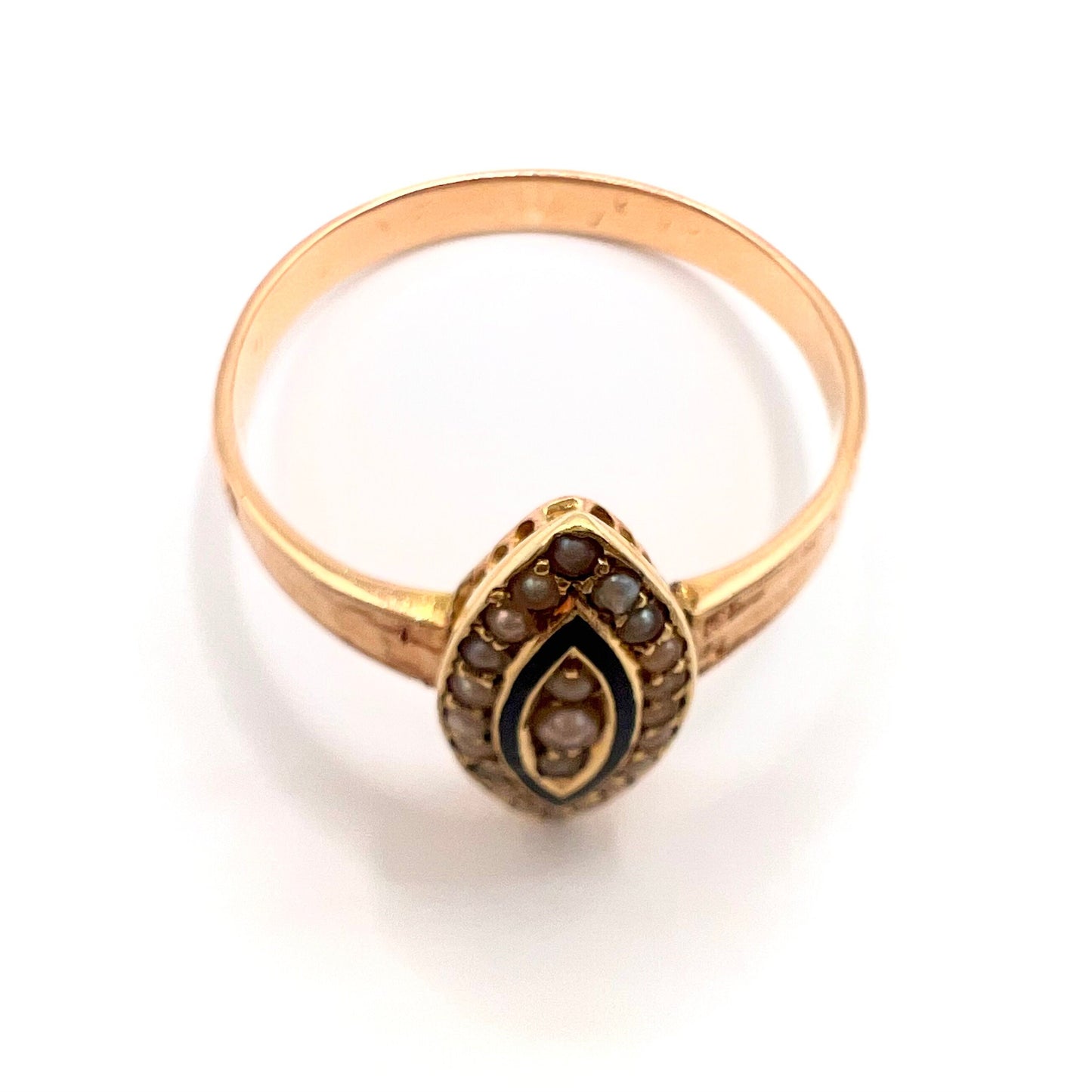 Victorian 15ct Gold Enamel and Split Pearl Mourning Ring, Size N