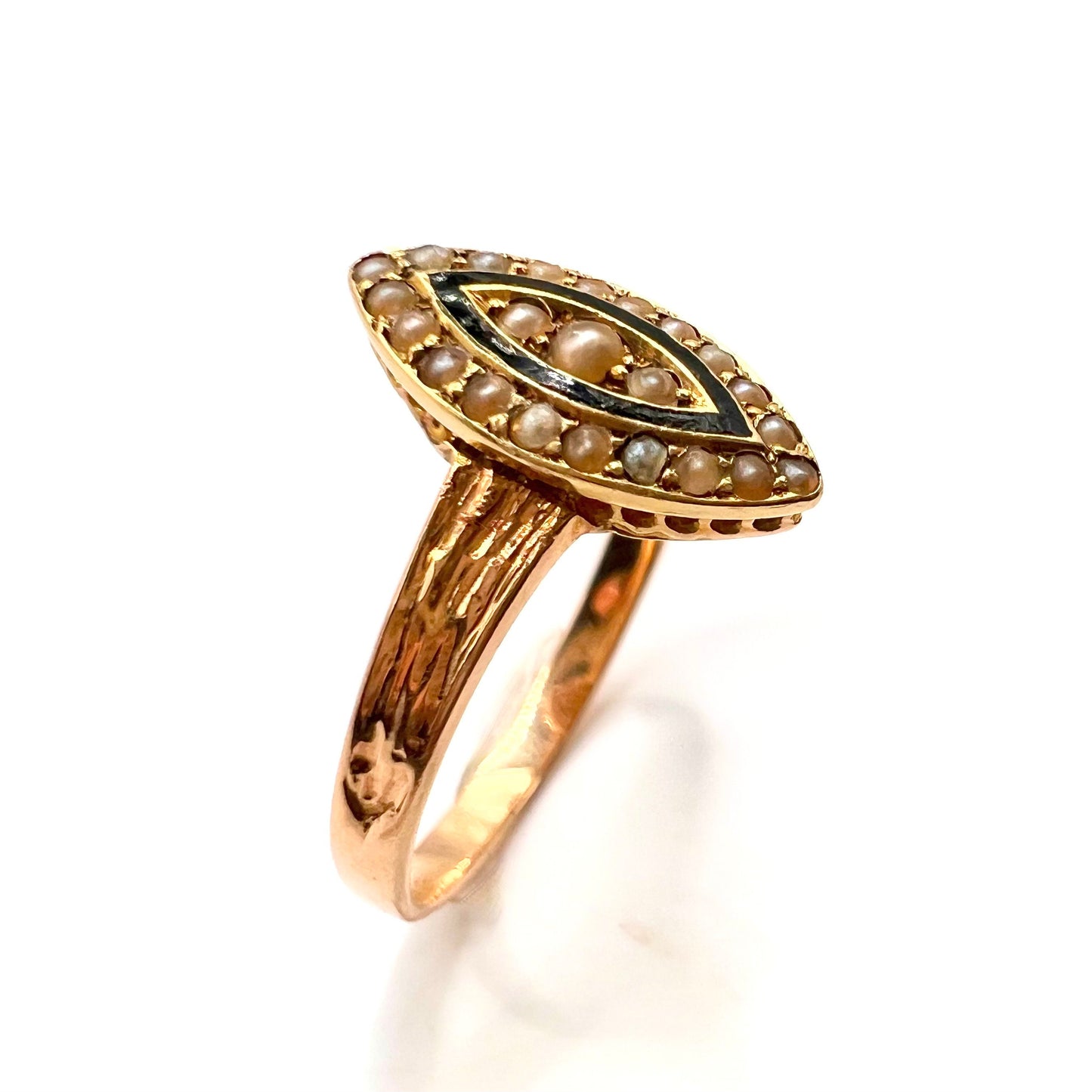 Victorian 15ct Gold Enamel and Split Pearl Mourning Ring, Size N