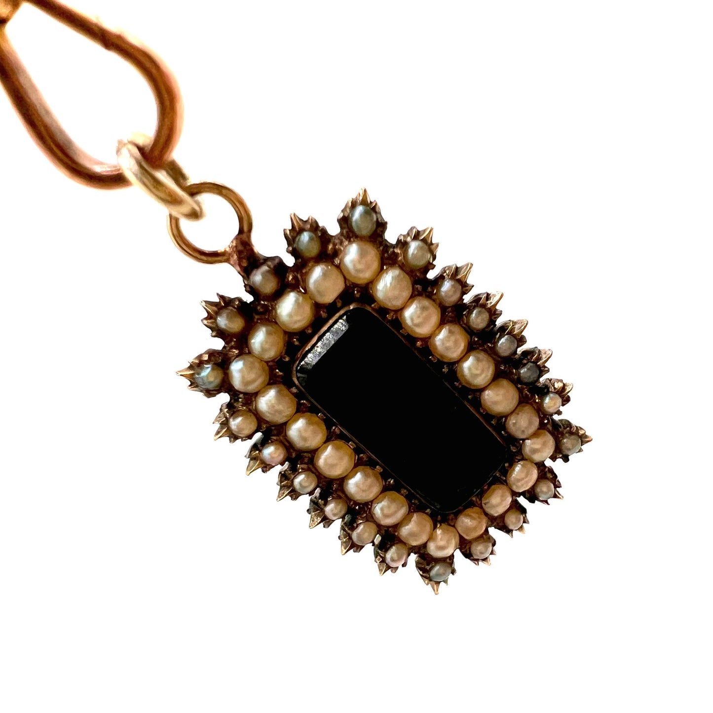 Antique Victorian gold, pearl and onyx intricate mourning pendant