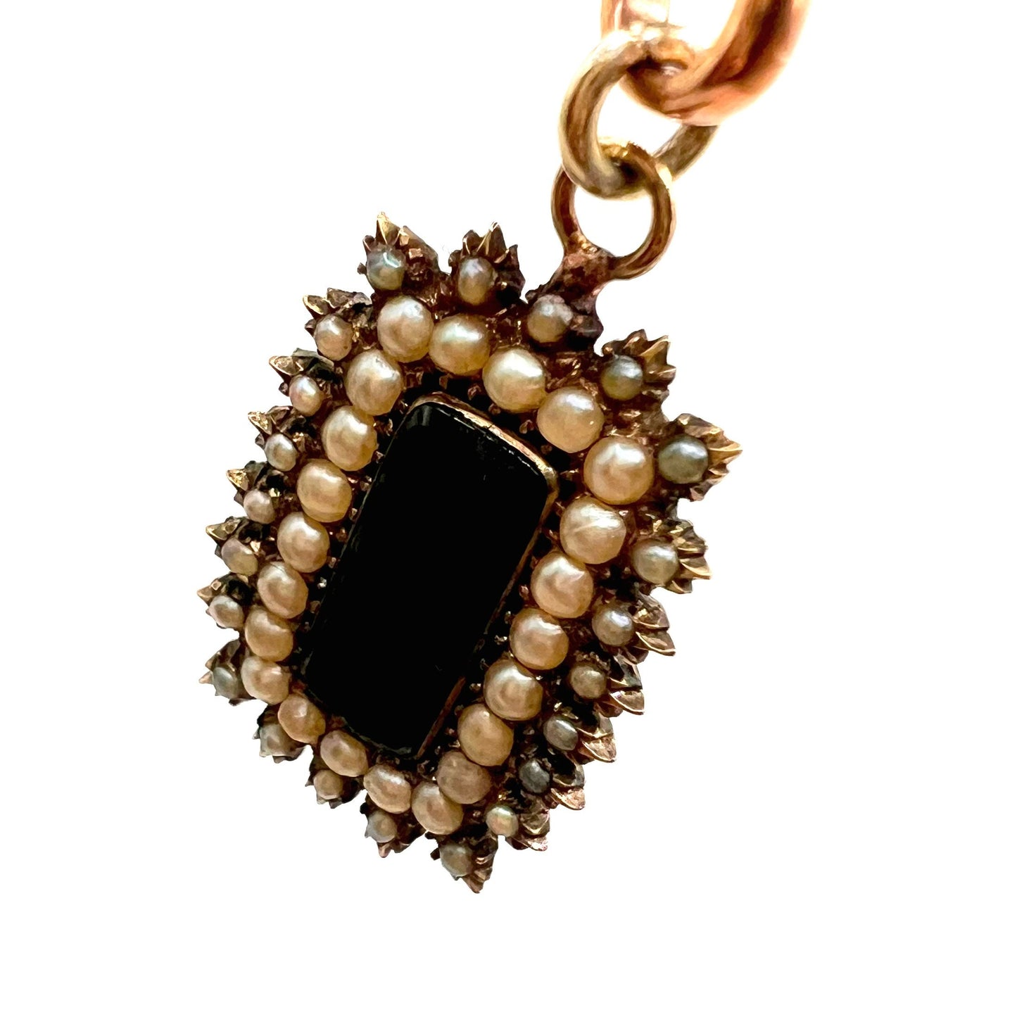 Antique Victorian gold, pearl and onyx intricate mourning pendant