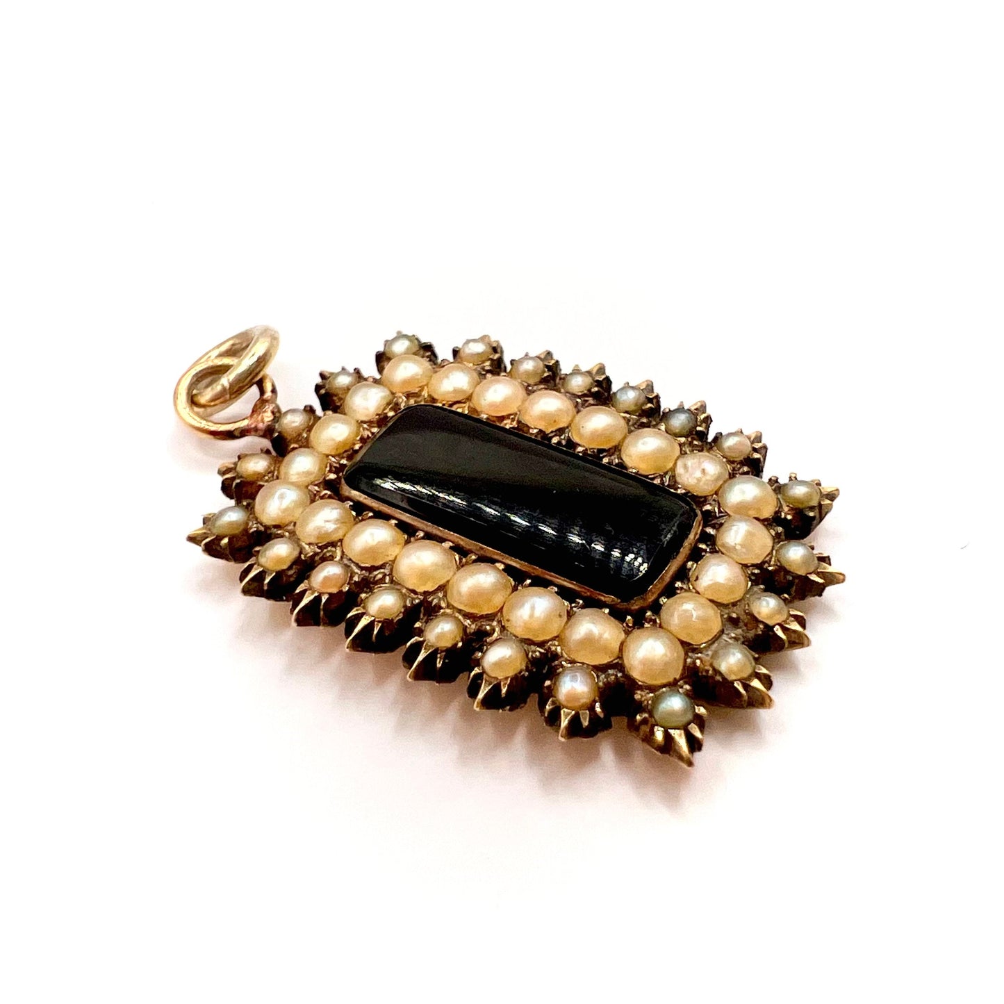 Antique Victorian gold, pearl and onyx intricate mourning pendant