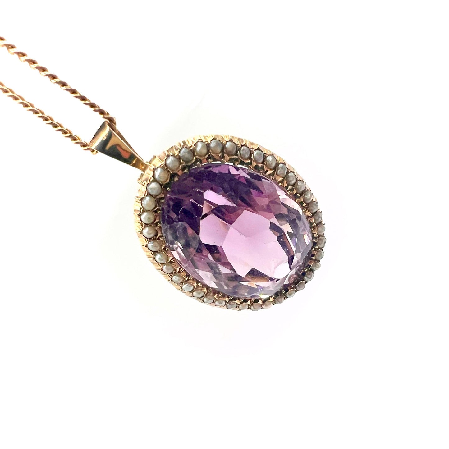 Large Victorian 9ct Gold Amethyst and Split Pearl Pendant