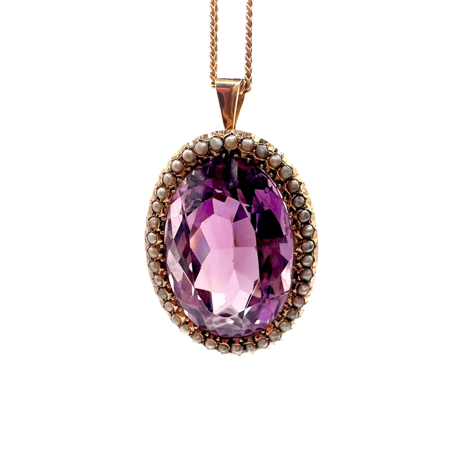 Large Victorian 9ct Gold Amethyst and Split Pearl Pendant