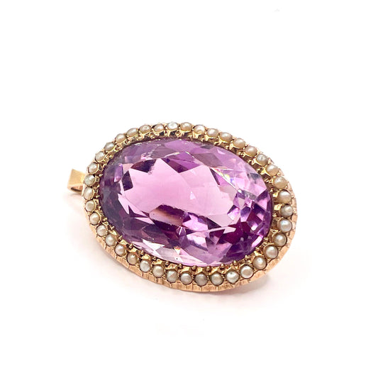 Large Victorian 9ct Gold Amethyst and Split Pearl Pendant