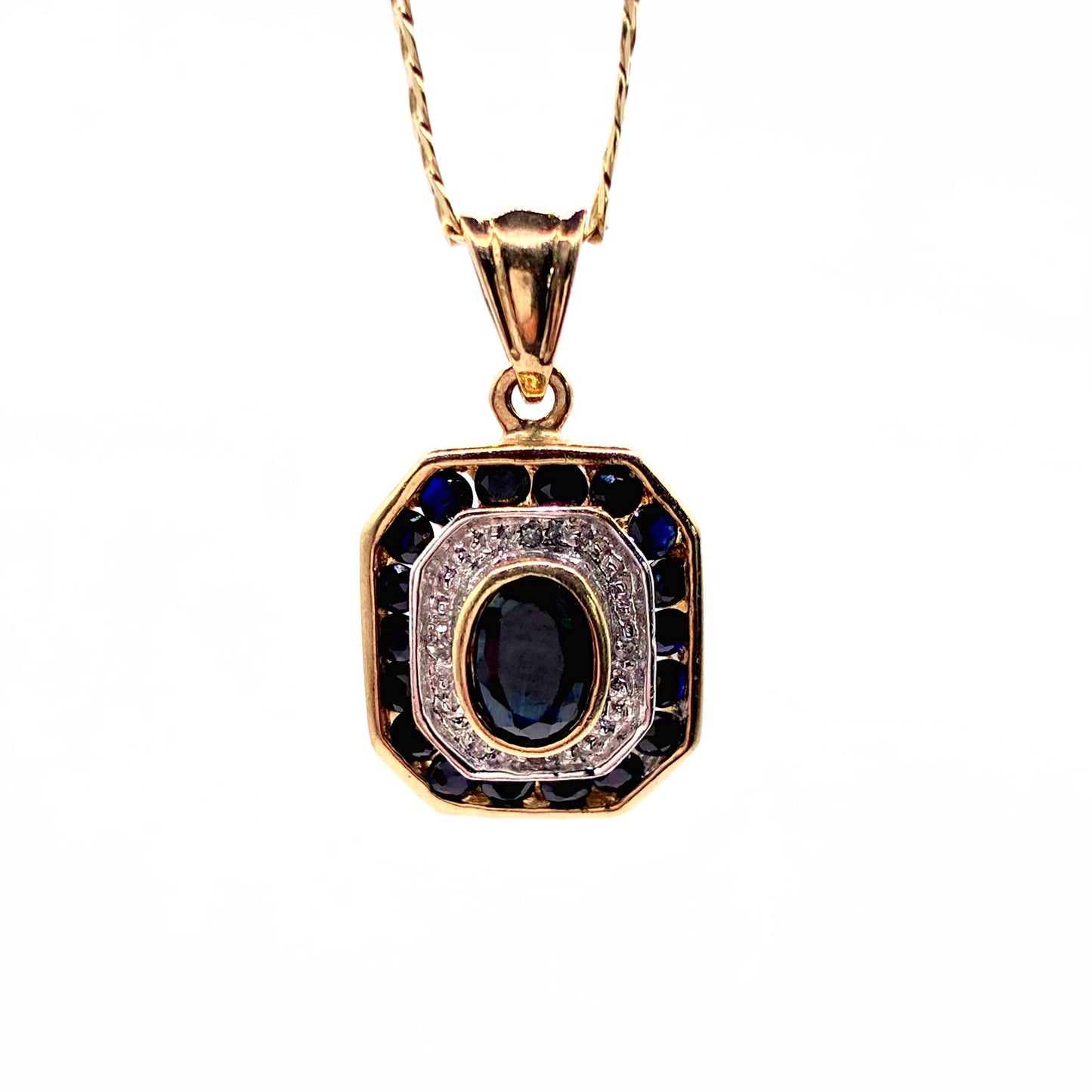 Vintage 1980s 9ct Gold Sapphire and Diamond Pendant Necklace, 18 Inch Chain