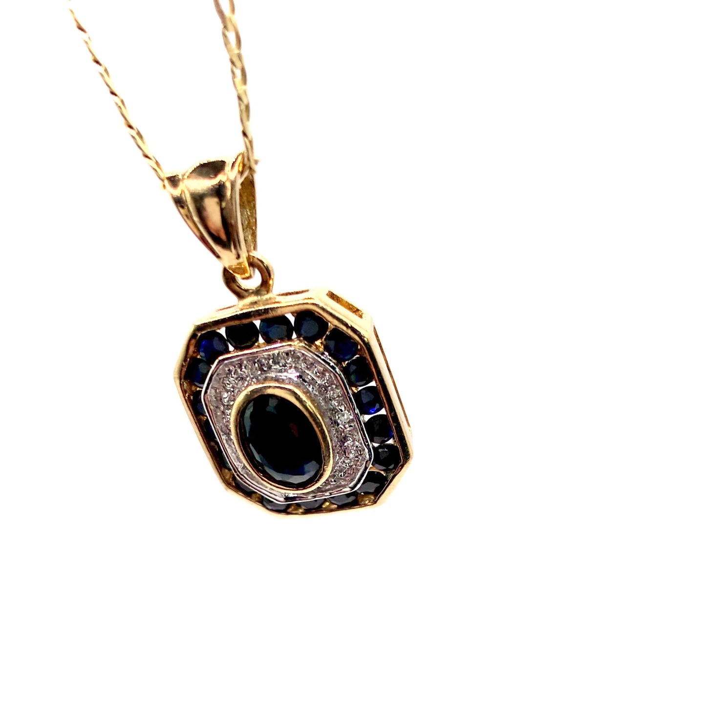 Vintage 1980s 9ct Gold Sapphire and Diamond Pendant Necklace, 18 Inch Chain
