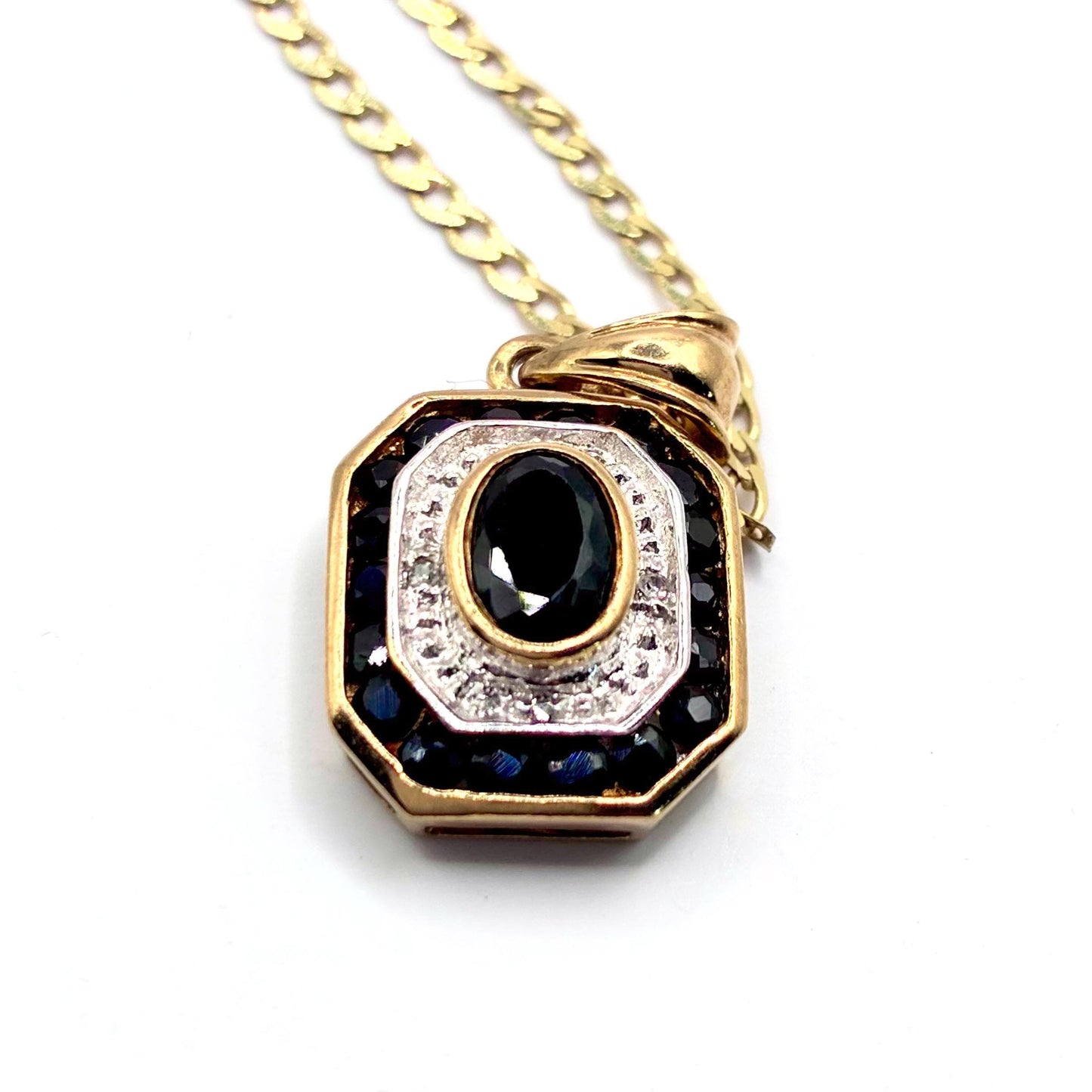 Vintage 1980s 9ct Gold Sapphire and Diamond Pendant Necklace, 18 Inch Chain