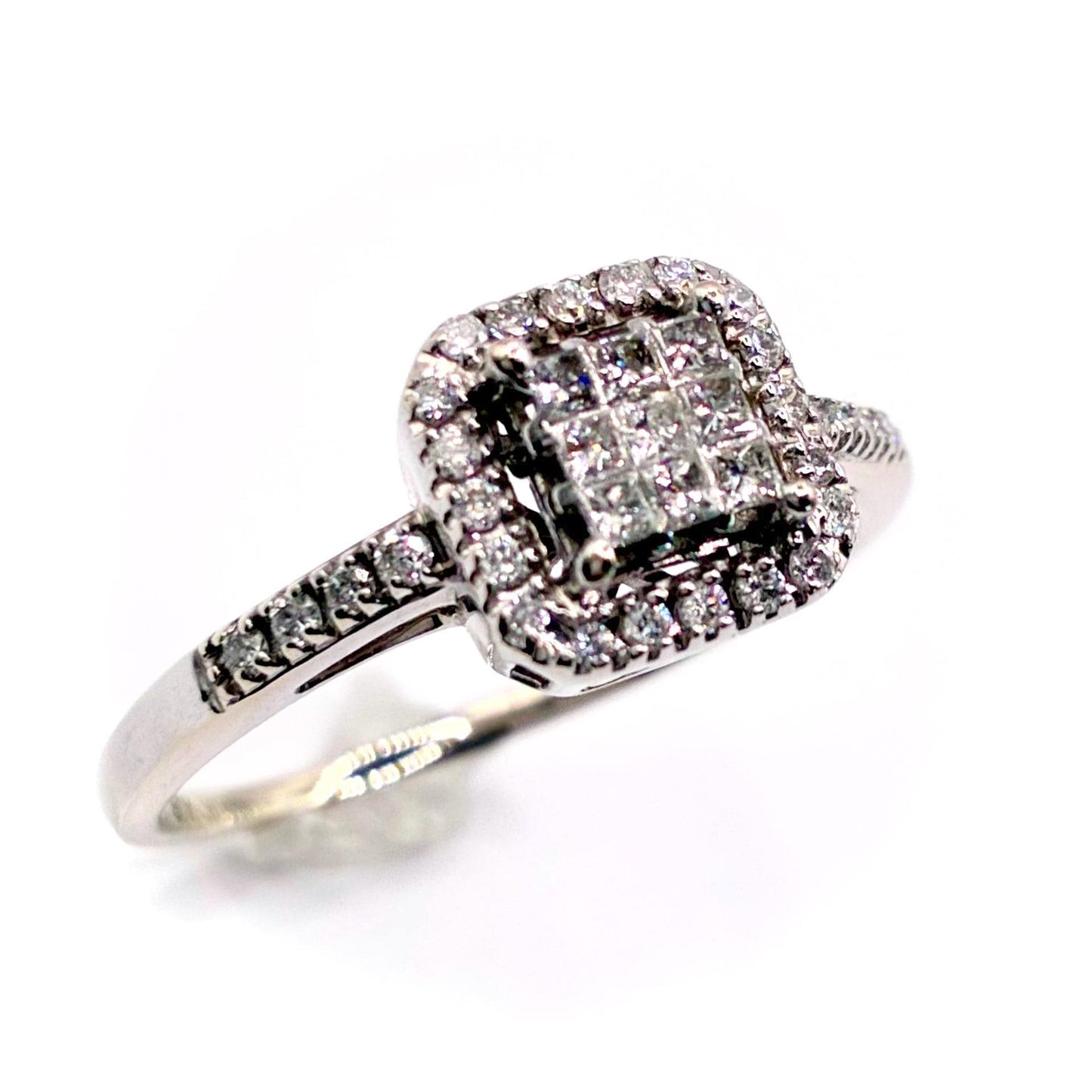 Vintage 1990s 10k White Gold Diamond Cluster Engagement Ring, UK Size P / US 7.5