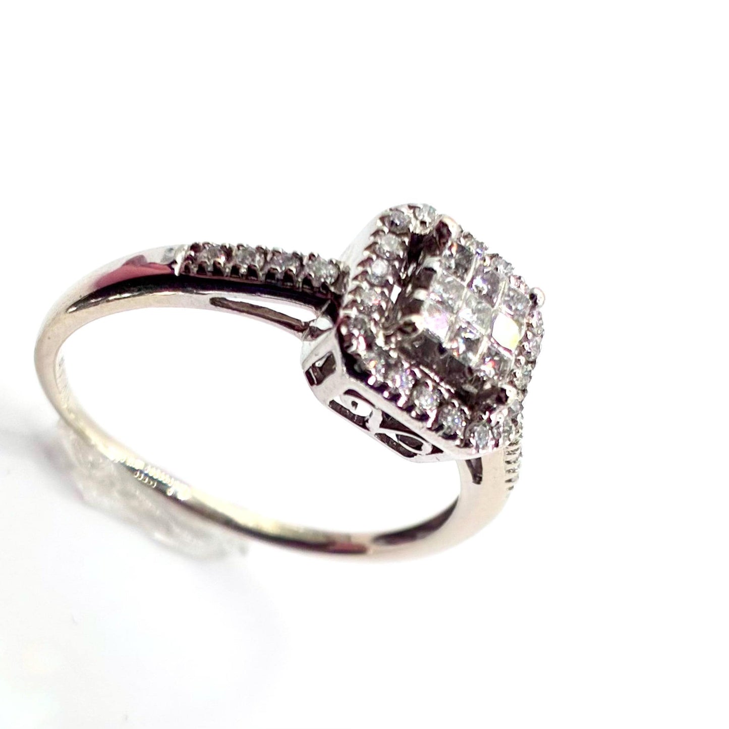 Vintage 1990s 10k White Gold Diamond Cluster Engagement Ring, UK Size P / US 7.5
