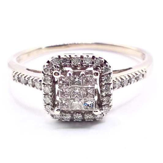 Vintage 1990s 10k White Gold Diamond Cluster Engagement Ring, UK Size P / US 7.5