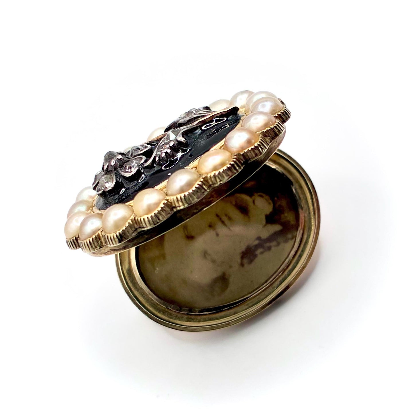 Edwardian 15ct Gold Enamel, Pearl and Diamond Mourning Locket Brooch, Dated 1901